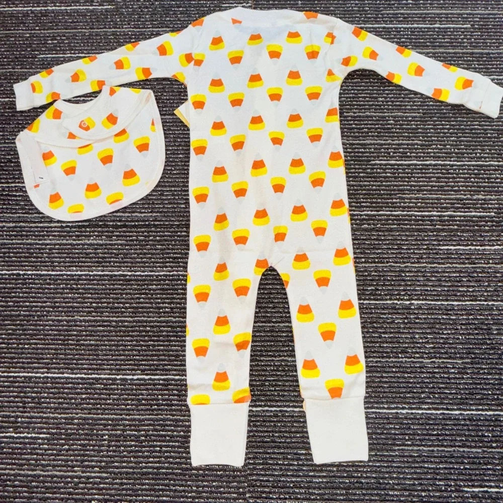 Monica + Andy Candy Corn Sleeper Bib Set Kids 9-12M New Organic Cotton Halloween